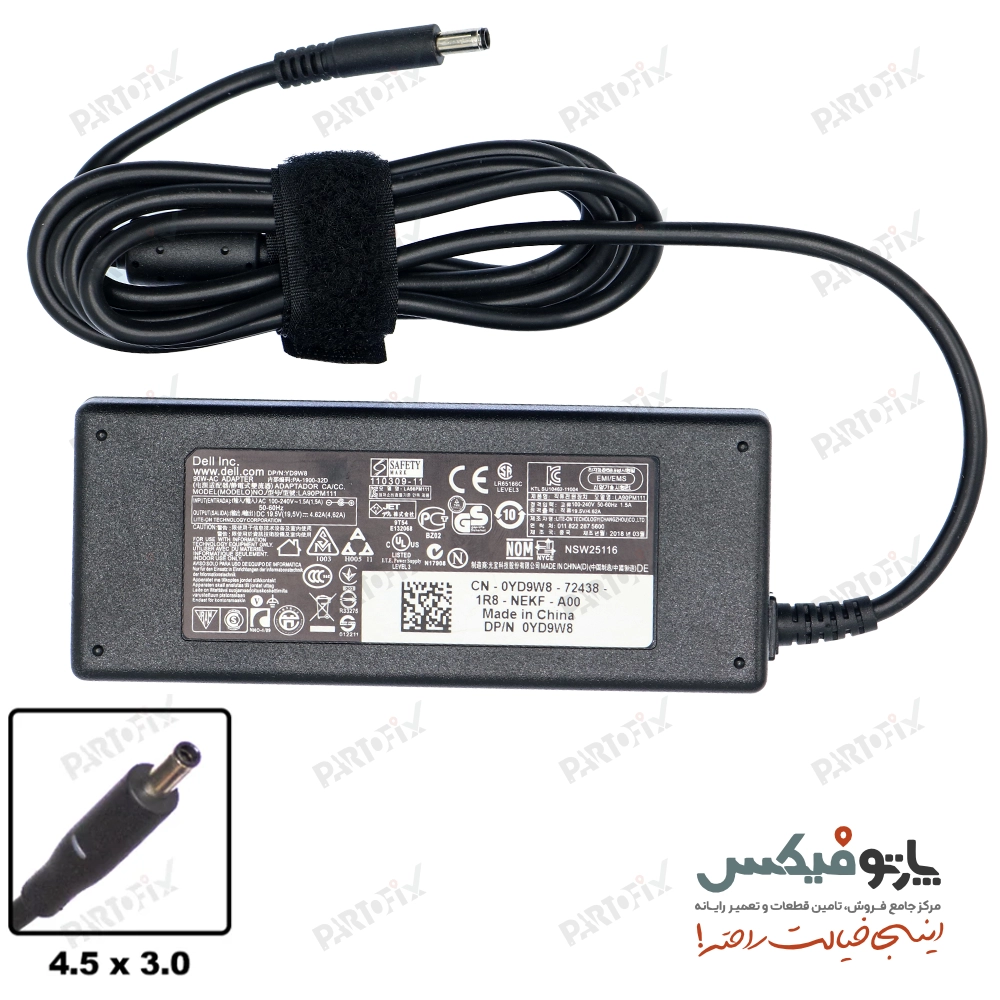 شارژر اورجینال لپ تاپ دل 19.5 ولت 4.62 آمپر کانکتور 3.0 * 4.5 دلتا